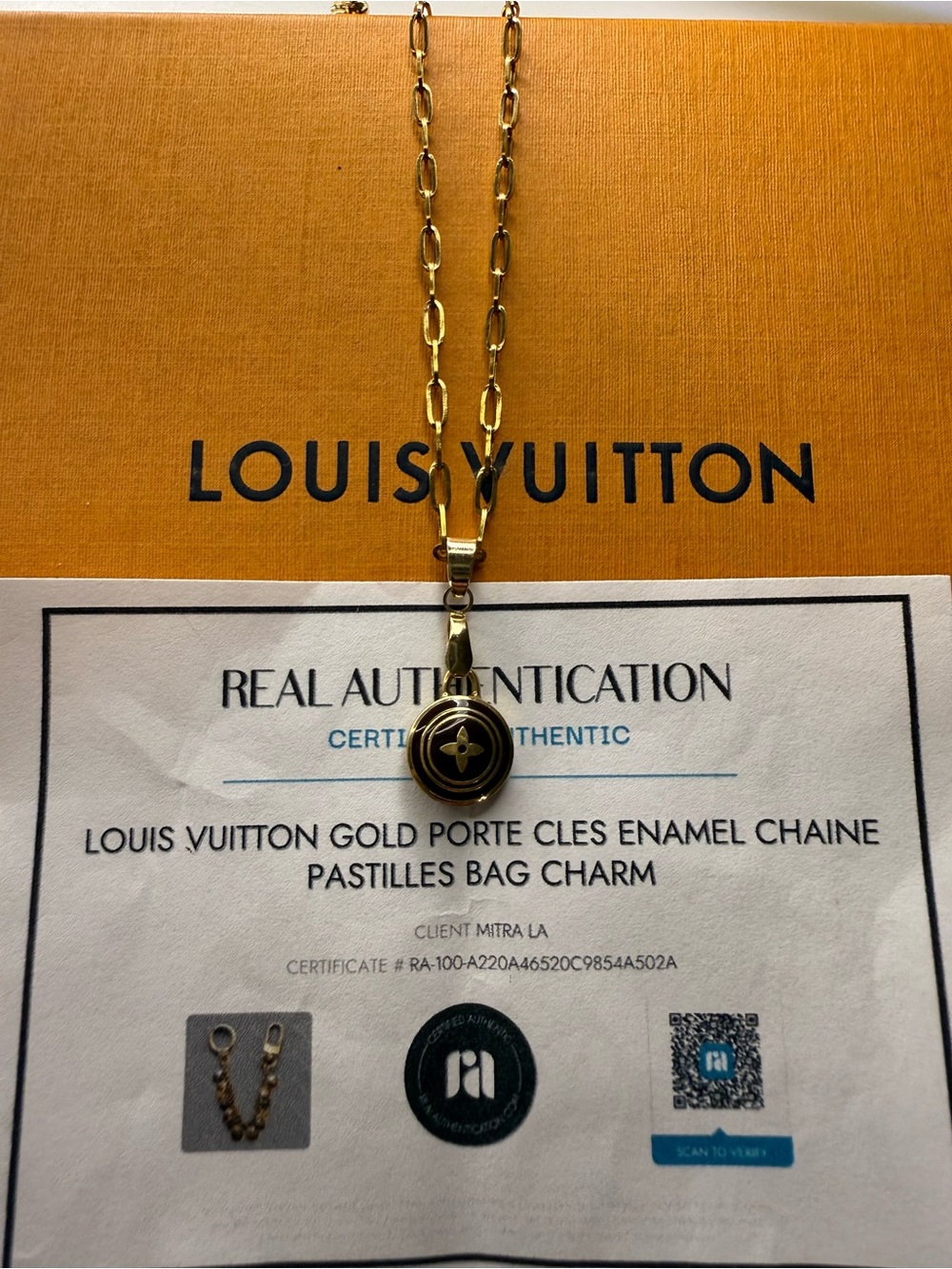 Louis Vuitton Gold and Black Enamel Pastilles Bag Charm Necklace